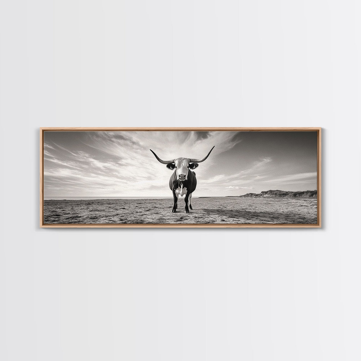 Longhorn, western landscape, bull and bear art, panoramic art, extra wide art, rustic wall art, framed canvas print, farmhouse decor, moody art