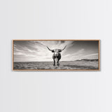Longhorn, western landscape, bull and bear art, panoramic art, extra wide art, rustic wall art, framed canvas print, farmhouse decor, moody art