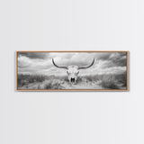 Longhorn Skull, skull art, western wall art, rustic decor, moody art, desert painting, farmhouse art, panoramic art, framed canvas print