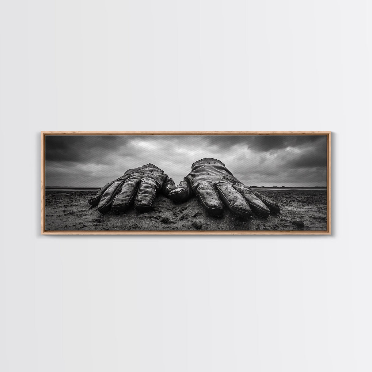 Leather Work Gloves, rustic wall art, moody art, wabi sabi art, extra wide art, panoramic art, farmhouse art, framed canvas print, cowboy art