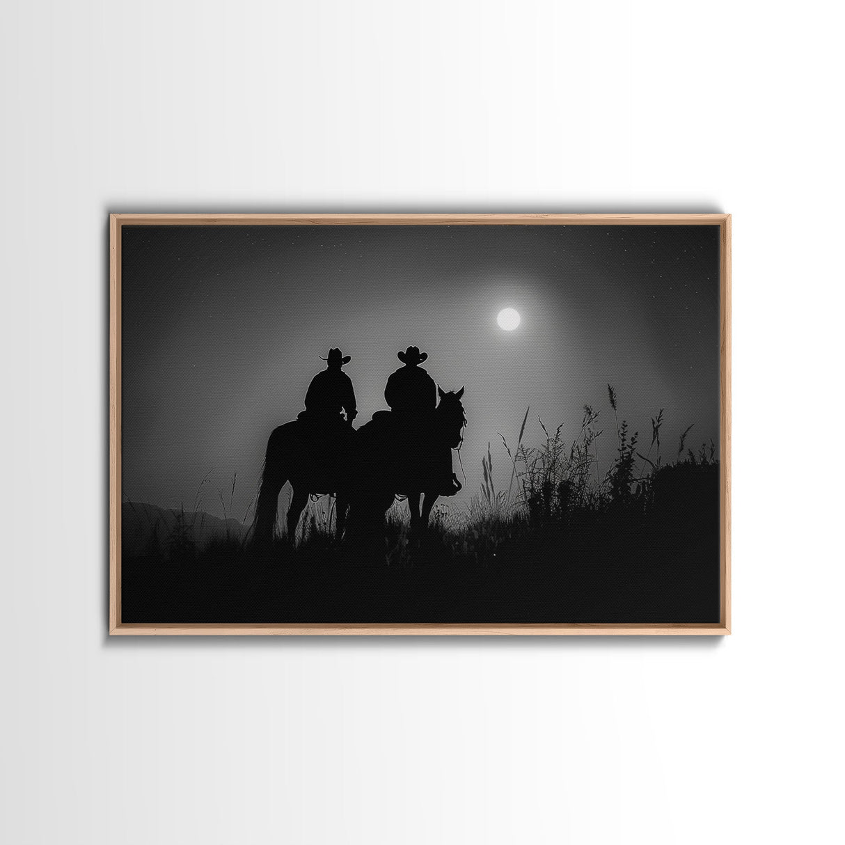 Cowboys Under A Full Moon, Framed Canvas Print, Black and White Western Photography, Wild West Art, Western Decor, Farmhouse Country Art