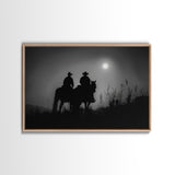 Cowboys Under A Full Moon, Framed Canvas Print, Black and White Western Photography, Wild West Art, Western Decor, Farmhouse Country Art