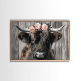 Framed Canvas Wall Art, Cute Highland Cow Print, Modern Wall Art Farmhouse Decor, Fun Rustic Farmhouse Art, Life On The Farm, Cow and Flower