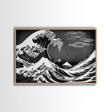 Black and White Wave Canvas Print, Hokusai Inspired Wall Art, Woodblock Print Style, Wall Art, Vintage Style Wall Art