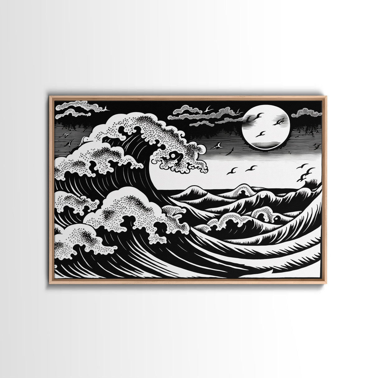 Black and White Wave Canvas Print, Hokusai Inspired Wall Art, Woodblock Print Style, Wall Art, Vintage Style Wall Art