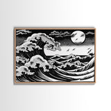 Black and White Wave Canvas Print, Hokusai Inspired Wall Art, Woodblock Print Style, Wall Art, Vintage Style Wall Art