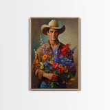 Handsome Cowboy with Wildflowers - Framed Canvas Print, Western Living Room Art, Rustic Bedroom Decor, Cowboy Art, Wall Art