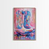 Blue and Pink Cowboy Boots with Floral Background - Framed Canvas Print, Rustic Western Wall Art, Vibrant Boot Art for Home Decor