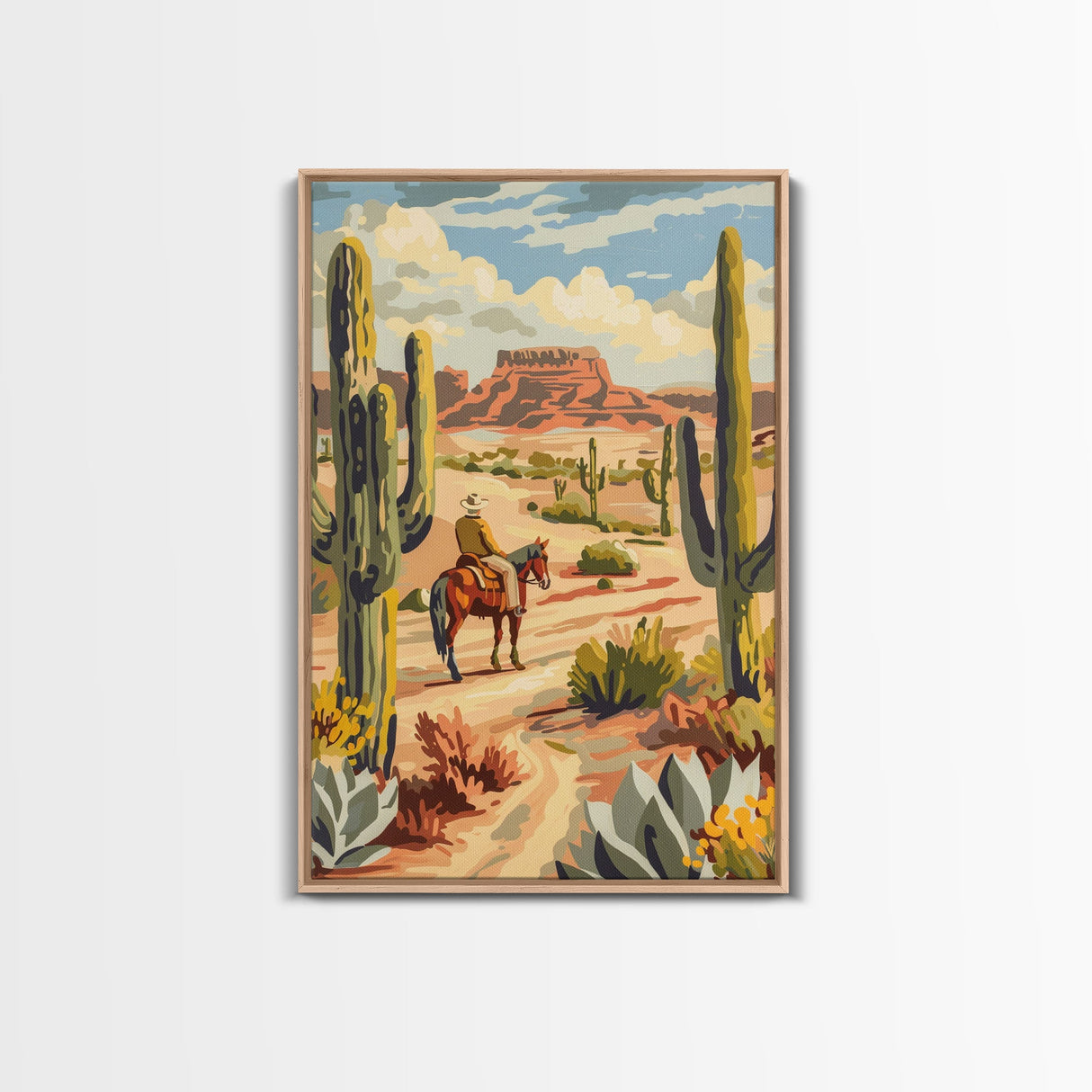 Cowboy Riding in Desert Landscape with Cacti - Framed Canvas Print, Western Art, Southwestern Decor, Desert Scene Wall Art for Home