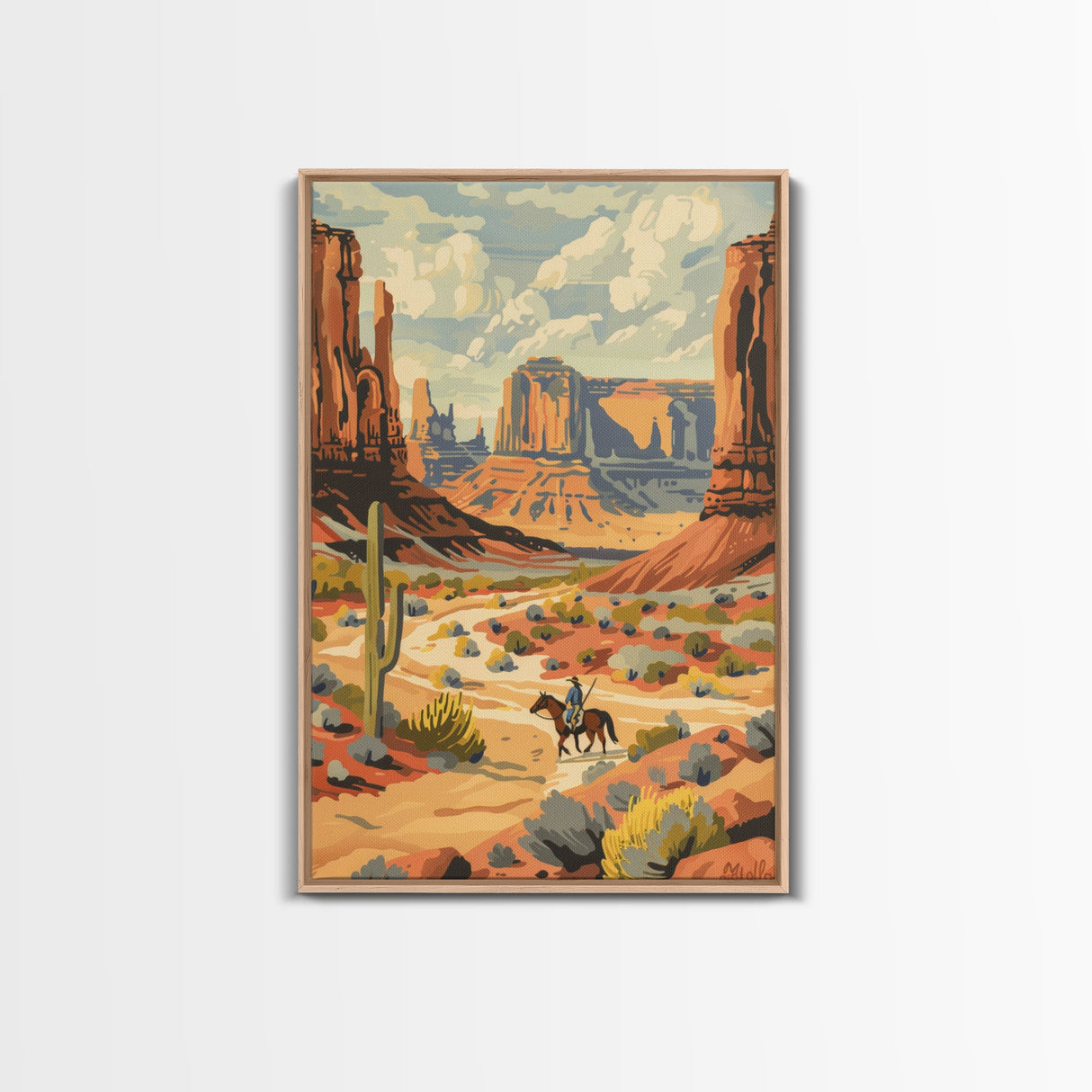 Cowboy in Southwestern Desert Landscape - Framed Canvas Print, Western Wall Art, Desert Scene Art, Cactus Decor for Living Room