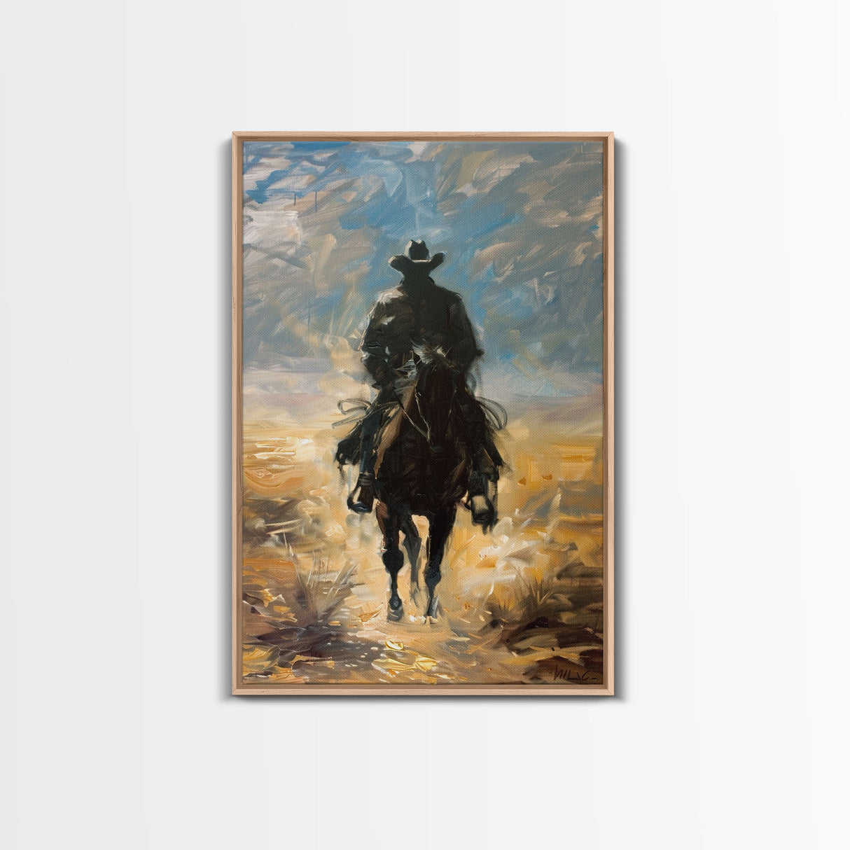 Lone Cowboy Riding into Sunset - Framed Canvas Print, Western Art, Living Room Decor, Cowboy Art for Bedroom, Rustic Wall Art