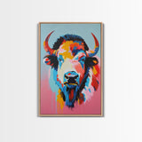 Colorful Bison Head in Pop Art Style - Framed Canvas Print, Animal Decor, Bison Art for Bedroom, Vibrant Wall Art for Living Room