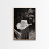 Cowboy Hat on a Wooden Fence Post in Rustic Black and White Photography for Western Home Decor, Canvas Prints, Wall Art for Living Room