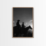 Two Cowboys Riding at Sunset in a Serene Black and White Western Landscape for Wall Art, Canvas Prints, Home Decor, Living Room Art