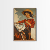 Classic Cowgirl with Red Outfit on Horse | Framed Canvas Print | Western Wall Art | Living Room Decor | Rustic Home Decor