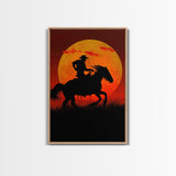 Action Cowboy Silhouette on Horse at Sunset | Framed Canvas Print | Western Wall Art | Dramatic Cowboy Wall Art for Home Decor