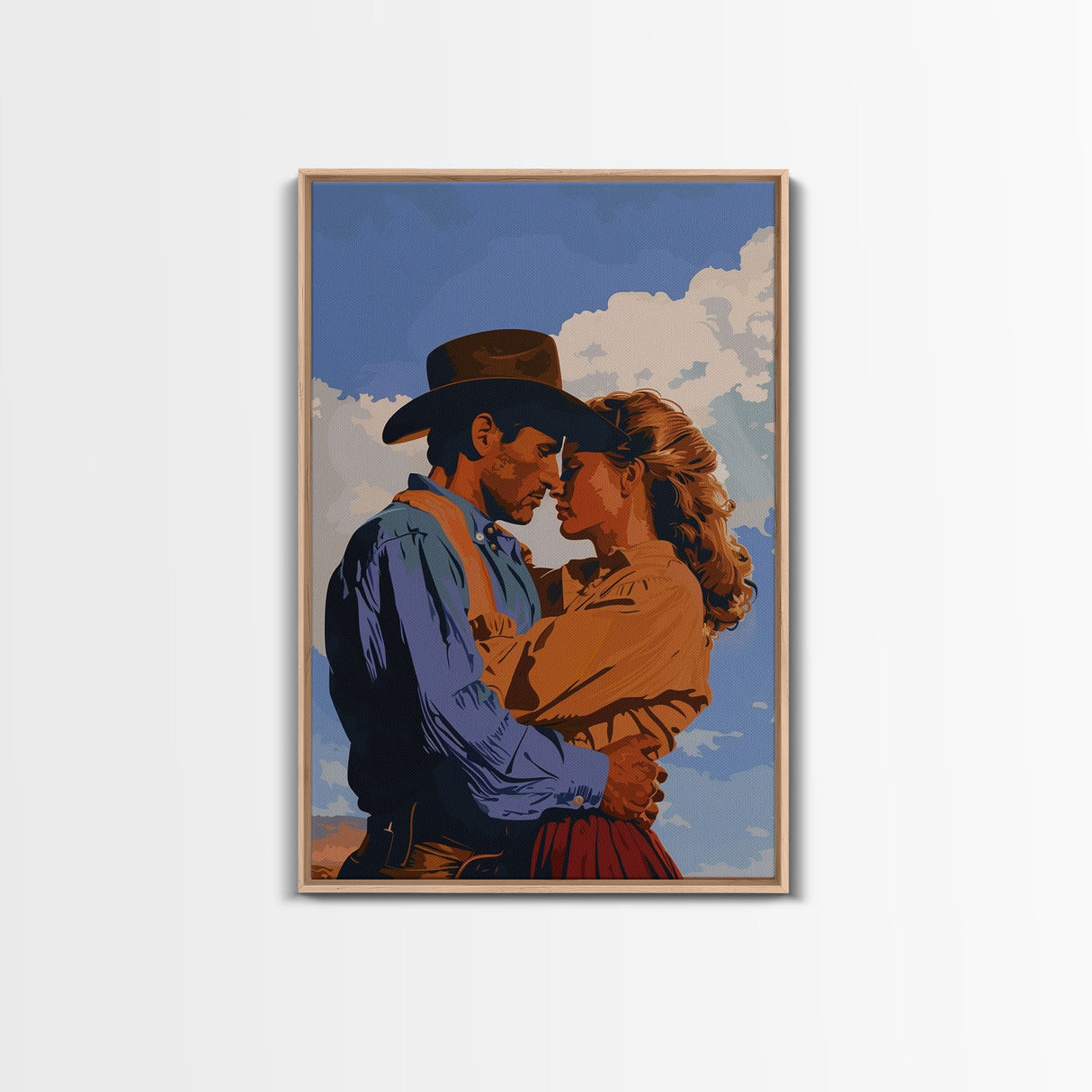 Classic Western Love Scene Under Blue Sky - Framed Canvas Print, Rustic Cowboy Decor, Living Room Art, Romantic Wall Art for Home
