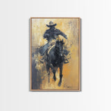 Dynamic Cowboy on Horseback Framed Canvas Print - Energetic Western Decor, Action Wall Art for Living Room, Bedroom