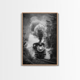 Steam Locomotive in the Forest Black and White Photography - Framed Canvas Print, Railroad Art, Vintage Train Wall Art for Home