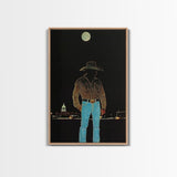 Cowboy Under the Moon Print - Framed Canvas Wall Art, Rustic Western Decor, Nighttime Cowboy Artwork for Living Room, Western Night Sky
