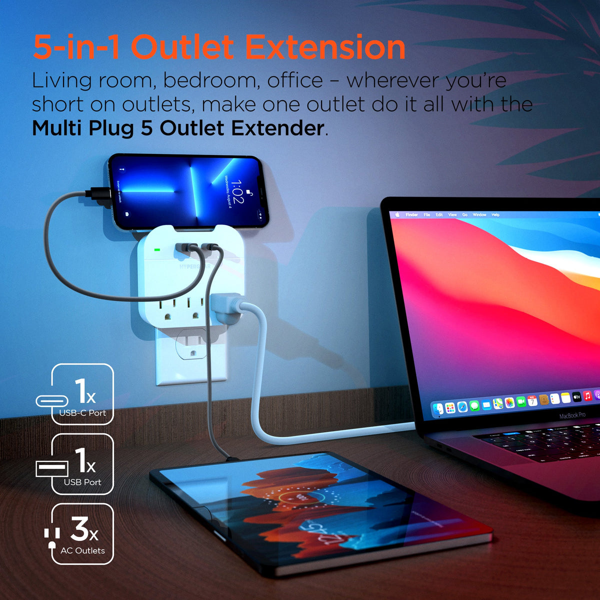 Usb Multi Extender Multi Plug 5 Outlet Extender with USB-C & USB Ports | White – Traveling ...