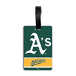 An Athletics luggage tag featuring the team's green and gold colors, with the white 'A's' logo and 'Athletics' script on a white background. Official MLB Licensed