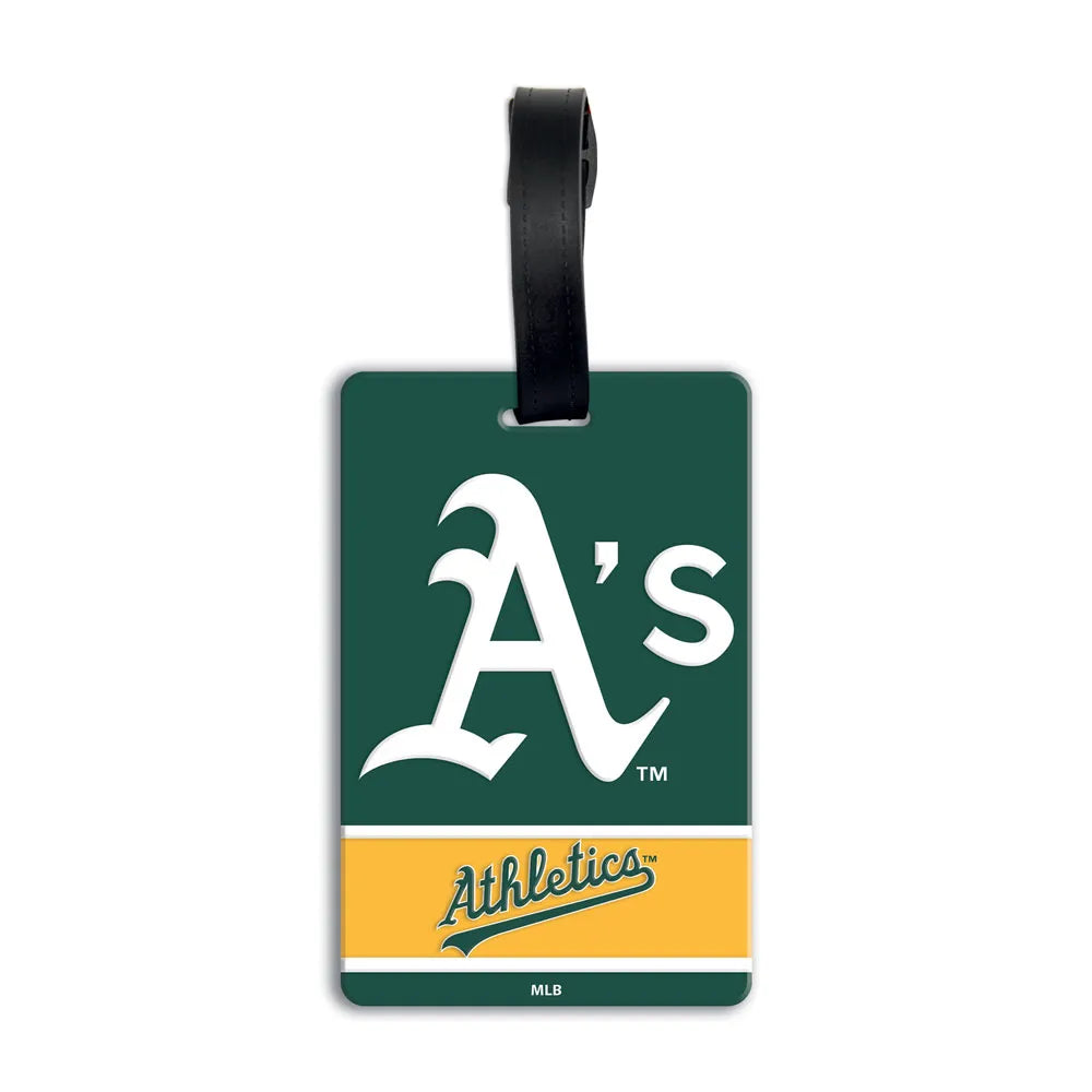 An Athletics luggage tag featuring the team's green and gold colors, with the white 'A's' logo and 'Athletics' script on a white background. Official MLB Licensed