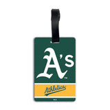 An Athletics luggage tag featuring the team's green and gold colors, with the white 'A's' logo and 'Athletics' script on a white background. Official MLB Licensed