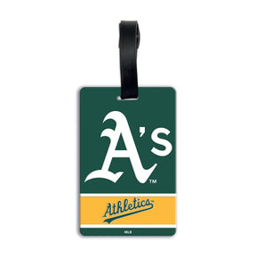 An Athletics luggage tag featuring the team's green and gold colors, with the white 'A's' logo and 'Athletics' script on a white background. Official MLB Licensed