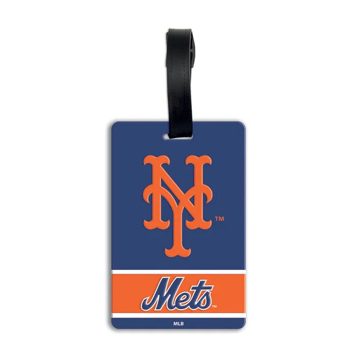 An official New York Mets luggage tag featuring the team logo and 'Mets' wordmark on a Royal Blue background with a black hanging strap. MLB PVC Luggage Bag Tag