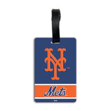 An official New York Mets luggage tag featuring the team logo and 'Mets' wordmark on a Royal Blue background with a black hanging strap. MLB PVC Luggage Bag Tag