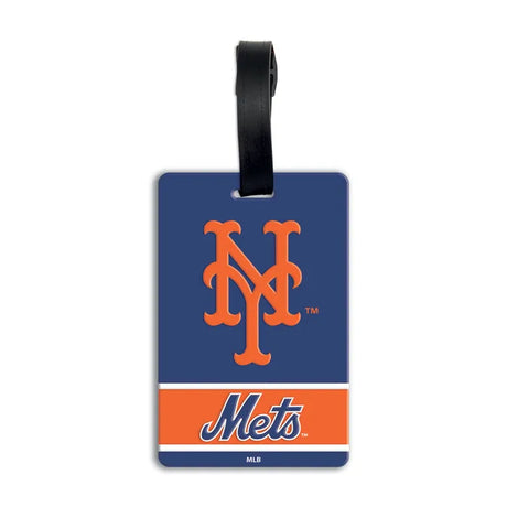 An official New York Mets luggage tag featuring the team logo and 'Mets' wordmark on a Royal Blue background with a black hanging strap. MLB PVC Luggage Bag Tag