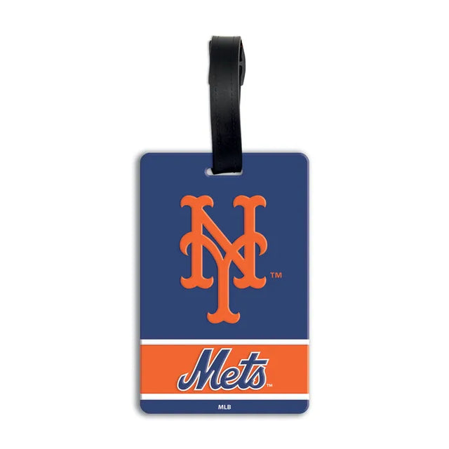 An official New York Mets luggage tag featuring the team logo and 'Mets' wordmark on a Royal Blue background with a black hanging strap. MLB PVC Luggage Bag Tag