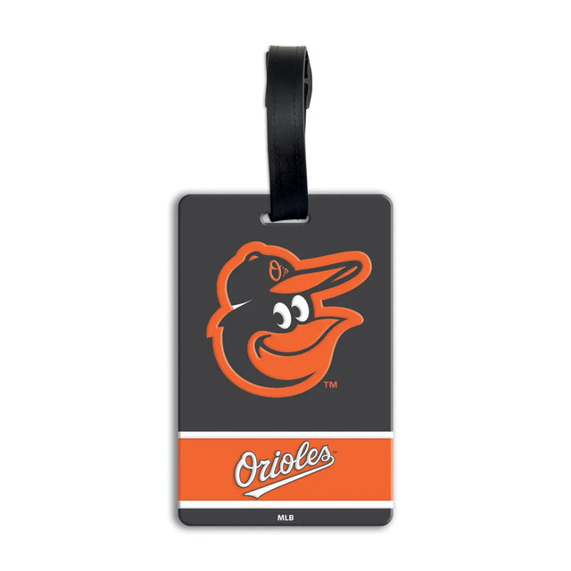 An official Baltimore Orioles luggage tag featuring the team logo and 'Orioles' wordmark on a dark gray and orange background with a black hanging strap. MLB PVC Luggage Bag Tag