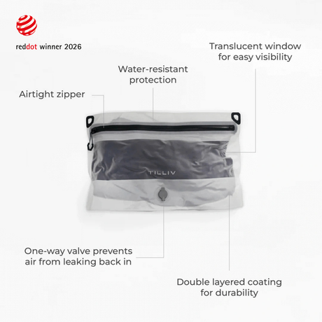 Labelled diagram of a TILLIV Compak vacuum pack: airtight zipper, water-resistant protection, translucent window for easy visibility, a one-way valve that prevents air leaking back in, and a double-layered coating for durability