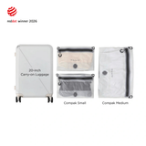 Packing guide showing a 20-inch carry-on alongside two Compak Small packs and one Compak Medium