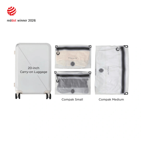 Packing guide showing a 20-inch carry-on alongside two Compak Small packs and one Compak Medium