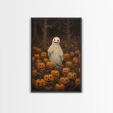 Fall Omens - Spooky Ghost In A Pumpkin Patch, Halloween Decor, Fall Art, Framed Canvas Print, Spooky Halloween Decor