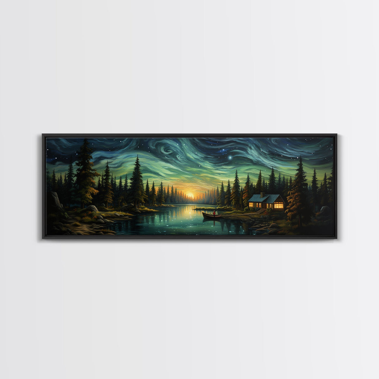 Vah Gogh Inspired Starry Night Farmhouse Painting Framed Canvas Print, Beautiful Minimalist Landscape Painting, Wall Art