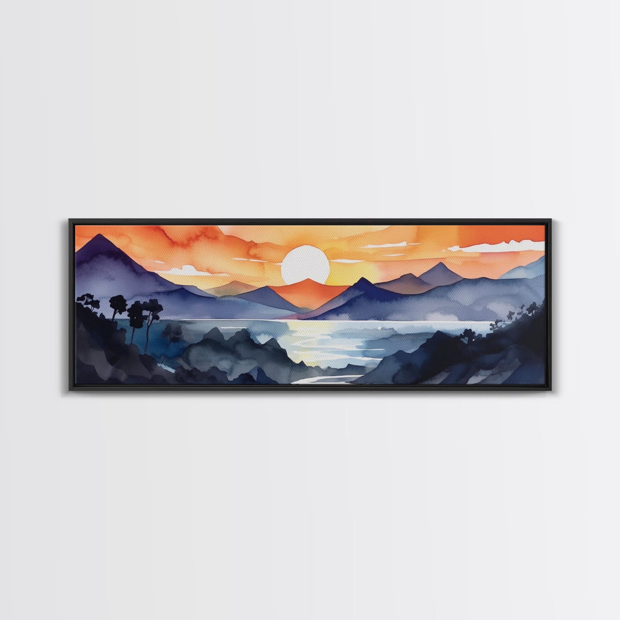 Midcentury Modern Watercolor Painting of a Mountain Sunset, Large Canvas Print, Mountain Artwork, Guest Room Art, Mountain Print, Panoramic