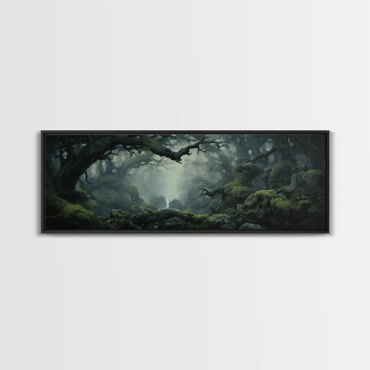 In The Forest - Ready To Hang Panoramic Foggy Pine Forest Canvas Wall Art, Nature Wall Art, Misty Green Forest Print, Modern Home Decor