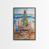 Christmas tree with surfboards on the beach, Framed Canvas Print tropical holiday wall art perfect beach Christmas decor holiday gift idea