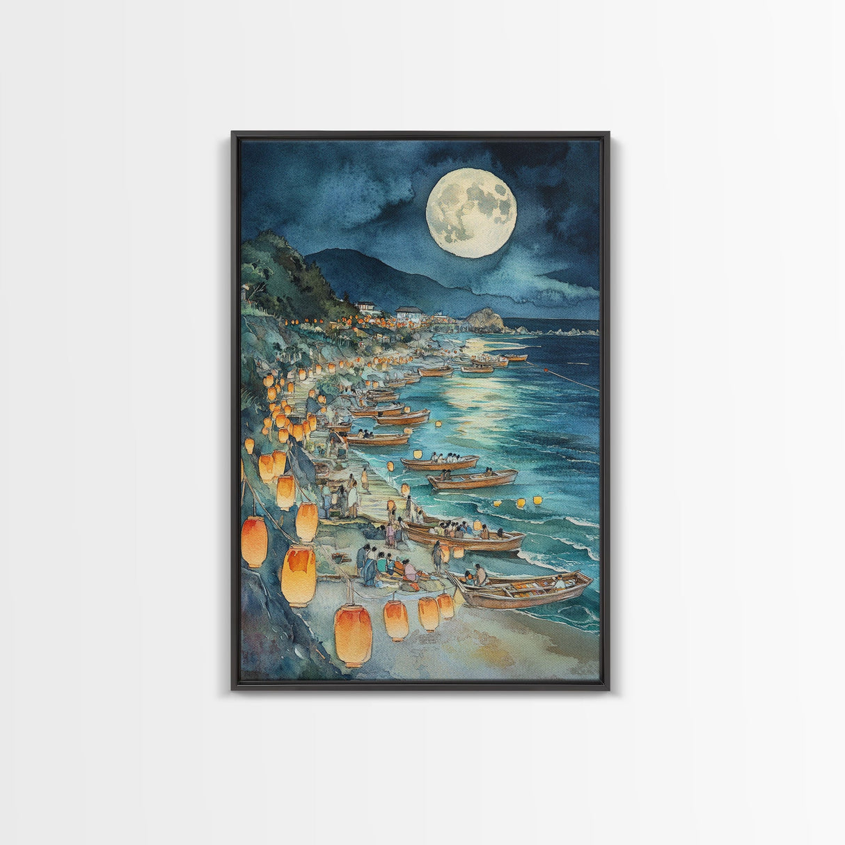 Japanese Paper Lamps Framed Canvas Print, Isamu Noguchi Akari Latern Festival, Christmas Decor
