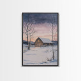 Barn In The Winter, Framed Canvas Print, Winter Landscape Print, Rustic Christmas Art, Primitive Decor