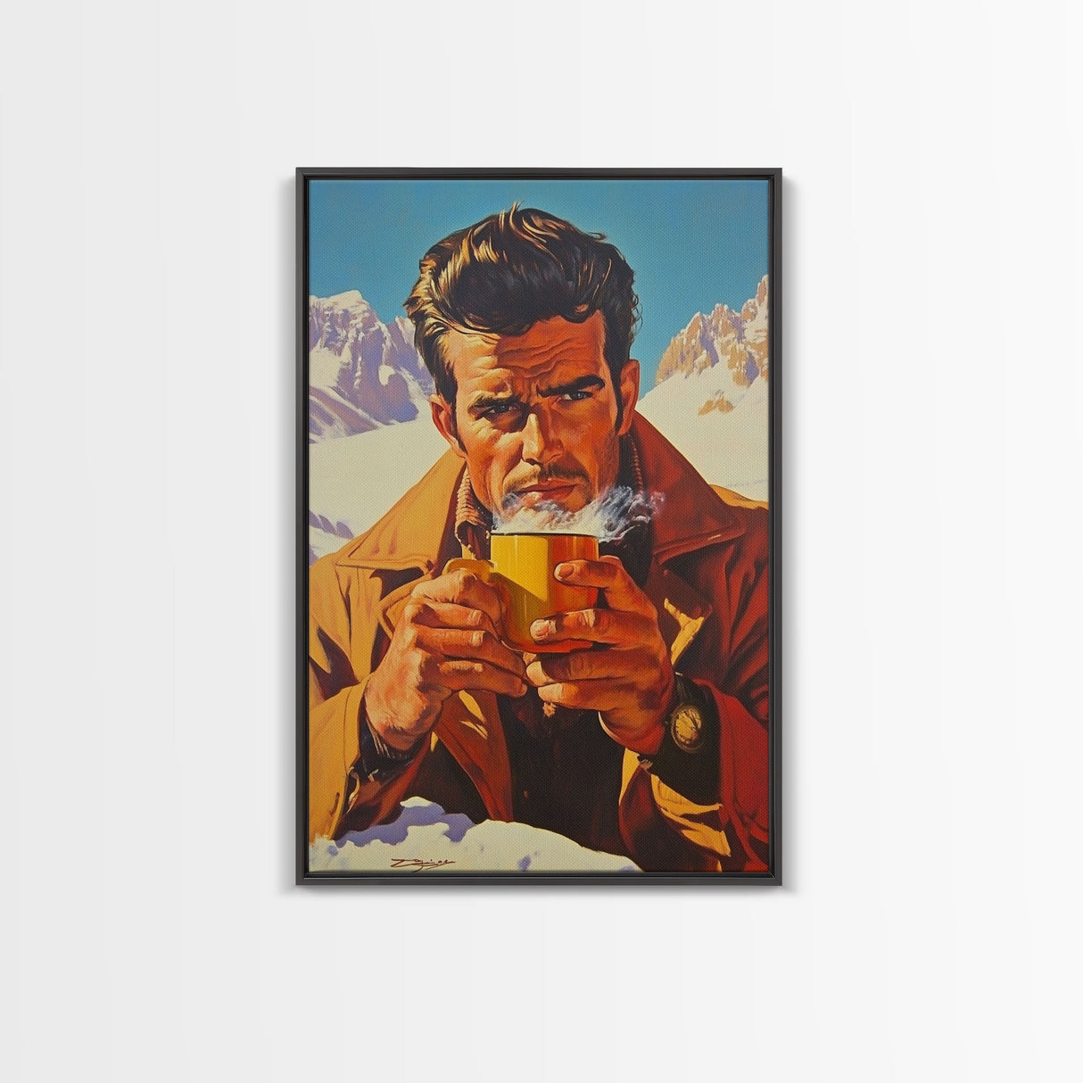 Cowboy Drinking Coffee in Winter Cabin Framed Canvas Print - Cozy Christmas Wall Art 2024 Rustic Holiday Decor