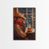 Cowboy in Snow with Coffee Framed Canvas Print - Winter Country Scene Art 2024 Cozy Christmas Wall Decor and Gift Idea