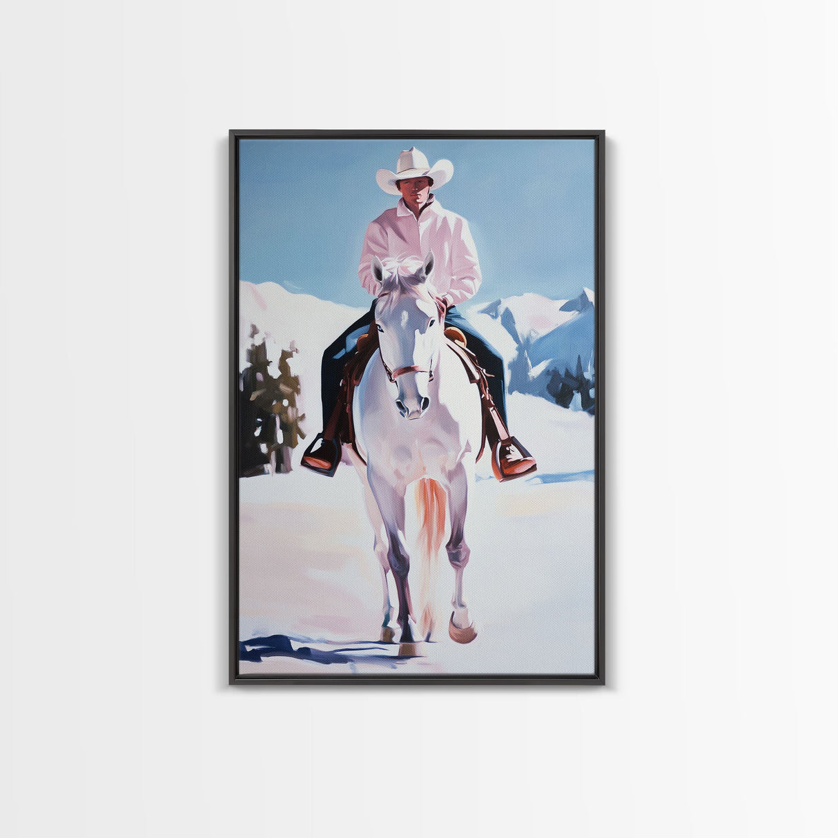 Lone Cowboy on White Horse in Snowy Landscape Canvas Print Winter Christmas Art Seasonal Wall Art Vintage Christmas Moody Landscape Gift