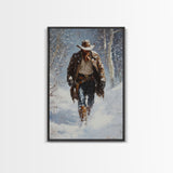 Cowboy Riding Horse in Snowy Forest Canvas Print, Winter Wall Art, Western, Rustic Christmas Wall Art, Seasonal Holiday Decor, Canvas Print