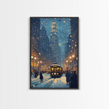 Snowy Winter City Scene Holiday Lights Framed Canvas Print Christmas Wall Art Urban Christmas Decor Holiday Gift Christmas Tree Art Gift