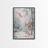 Canvas Print of Winter Wonderland with Red Leaves in Snow, Winter Wall Art, Best Gift Idea, Moody Landscape, Christmas Home Decor